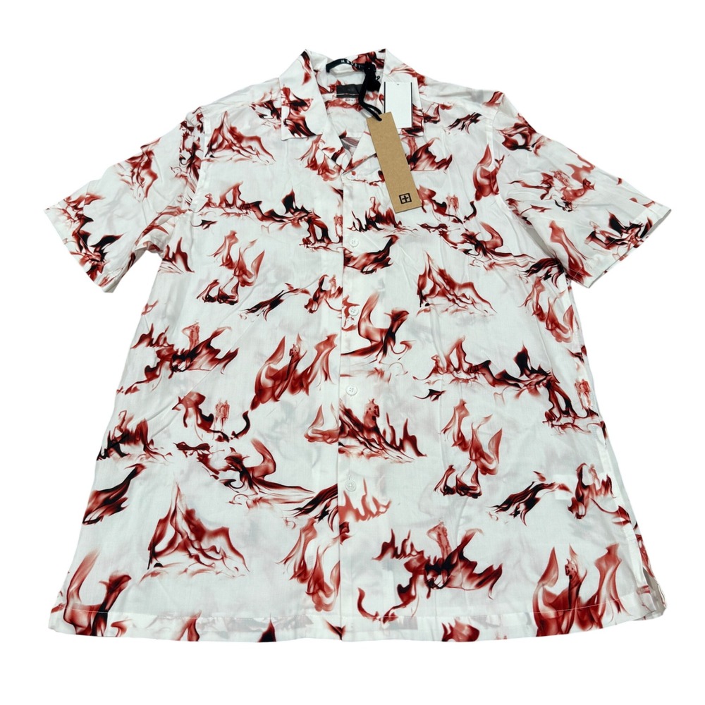 Ksubi Burnt Resort Shirt White Fire‎ Print Camp Collar Men Small S NWT Vacation
